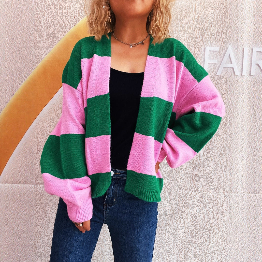 Damen lässige Strickjacke mit breitem Streifenmuster und extra weitem Schnitt R&B