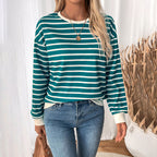 Damen Lässiger Streifenpullover mit elastischen Bündchen und Rundhalsausschnitt