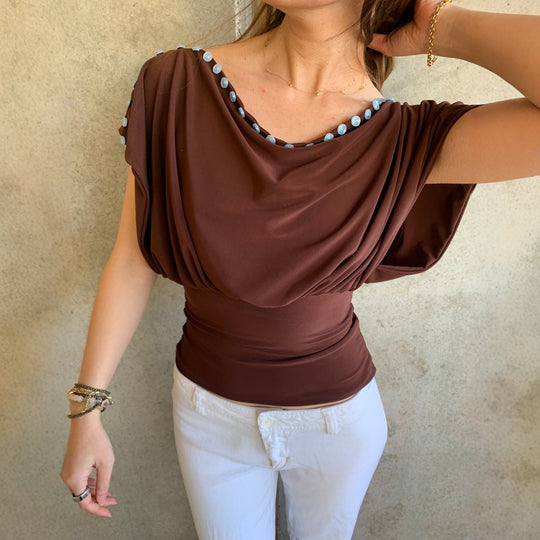 Damen Off-Shoulder Oberteil mit eleganter Knopfverzierung R&B