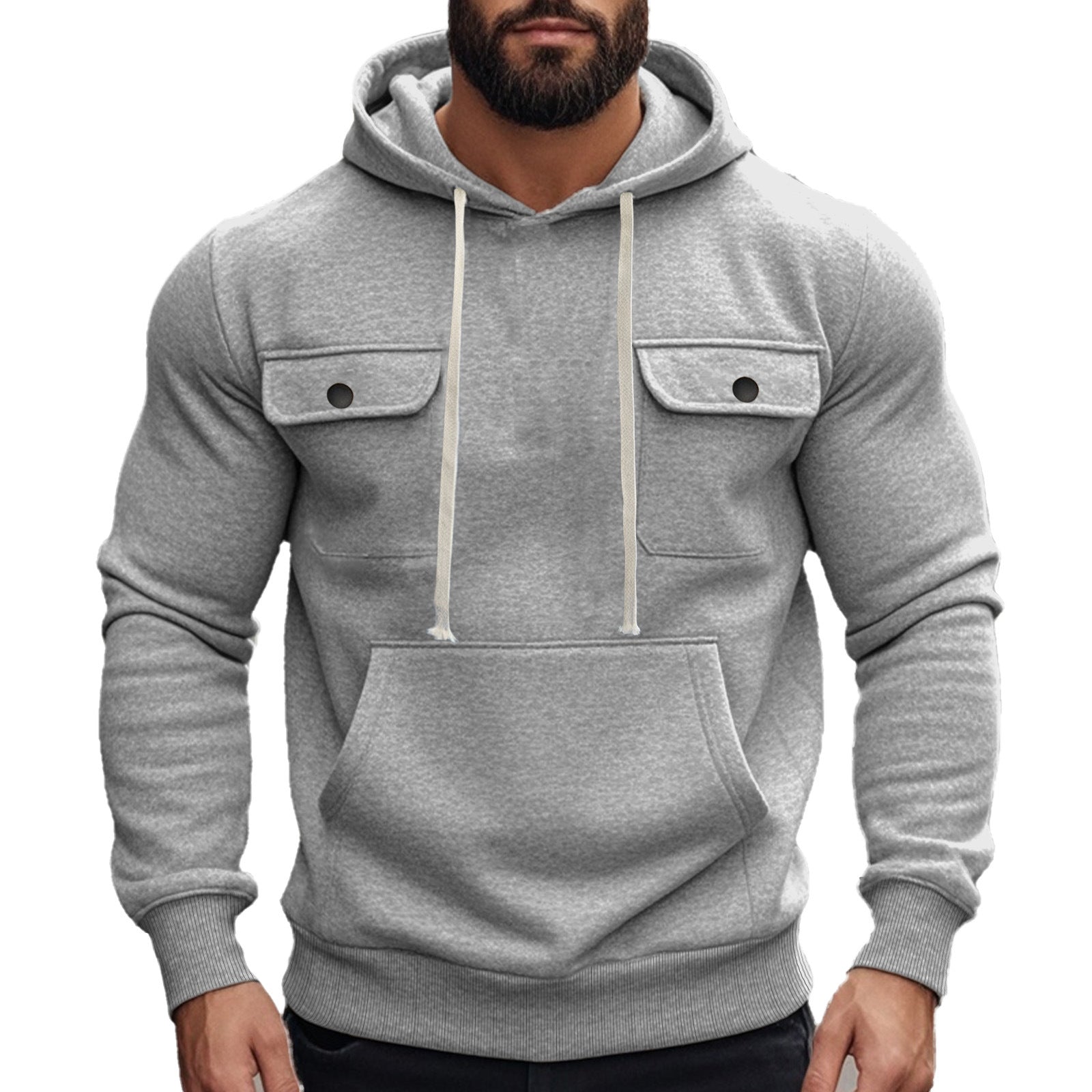 Herren nan sportiver Kapuzenpullover mit aufgesetzten Klappentaschen, Kängurutasche und schmalem Saum R&B