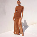 Damen Maxikleid mit eleganten Rüschendetails und seitlichem Schlitz R&B