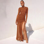 Damen Maxikleid mit eleganten Rüschendetails und seitlichem Schlitz R&B