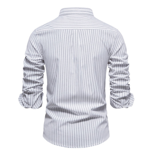 Herren gestreiftes Hemd im modischen Henley-Stil mit Brusttasche und rollbaren Ärmeln R&B