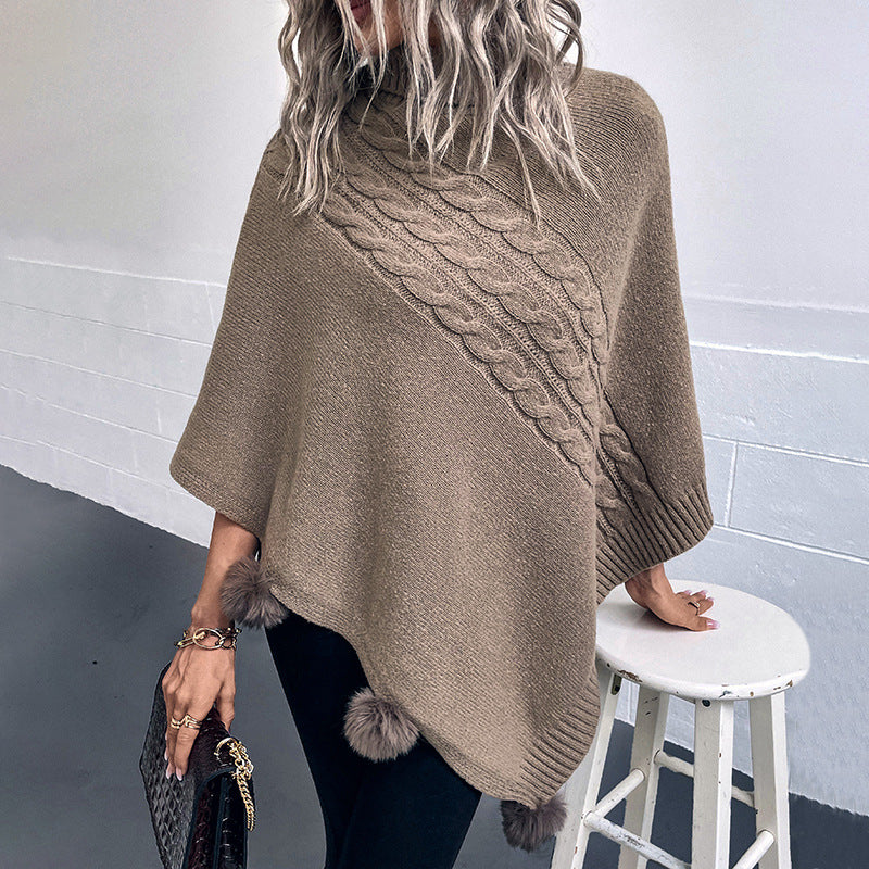 Damen Poncho mit modernem Zopfdesign und einem hohen Kragen