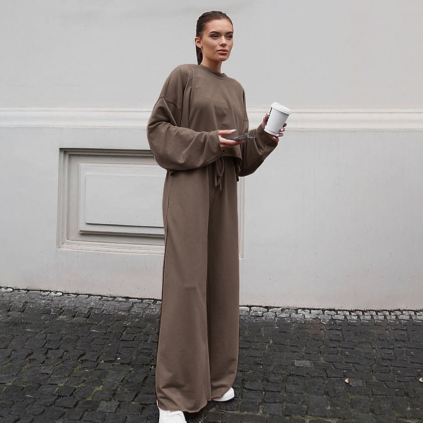 Damen Bequemes Cropped Sweatshirt und Weite Hose Set R&B