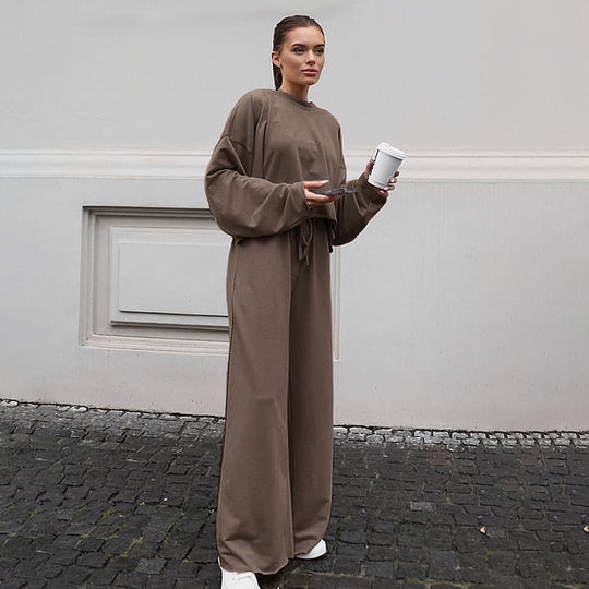 Damen Bequemes Cropped Sweatshirt und Weite Hose Set R&B