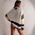 Damen lässiger Strickcardigan mit großen Taschen und stilvollen Kontraststreifen R&B