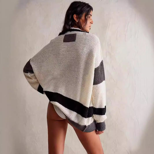 Damen lässiger Strickcardigan mit großen Taschen und stilvollen Kontraststreifen R&B