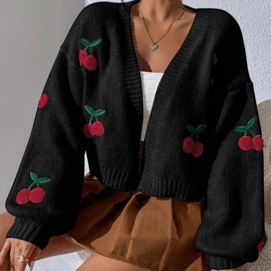 Damen Strickjacke mit verspielten Kirschstickereien und weitem Schnitt R&B