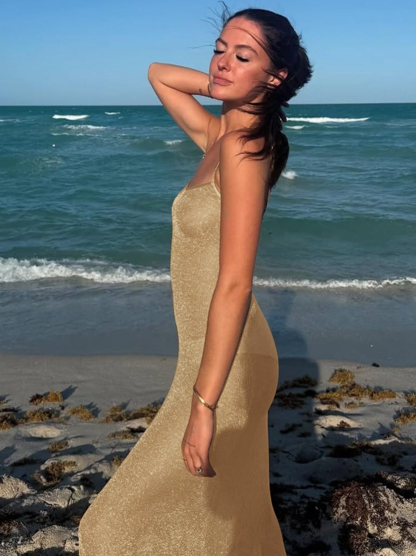 Damen Elegantes Maxikleid mit schwingendem Rock und feinen Spaghettiträgern R&B