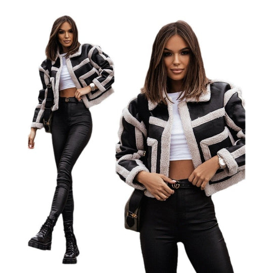 Damen Kurzjacke mit modernem Fleece-Finish und trendigem Karomuster R&B