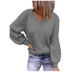 Damen Strickpullover mit V-Ausschnitt und voluminösen Ärmeln