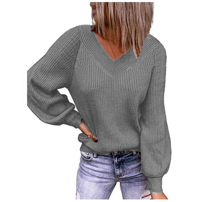 Damen Strickpullover mit V-Ausschnitt und voluminösen Ärmeln