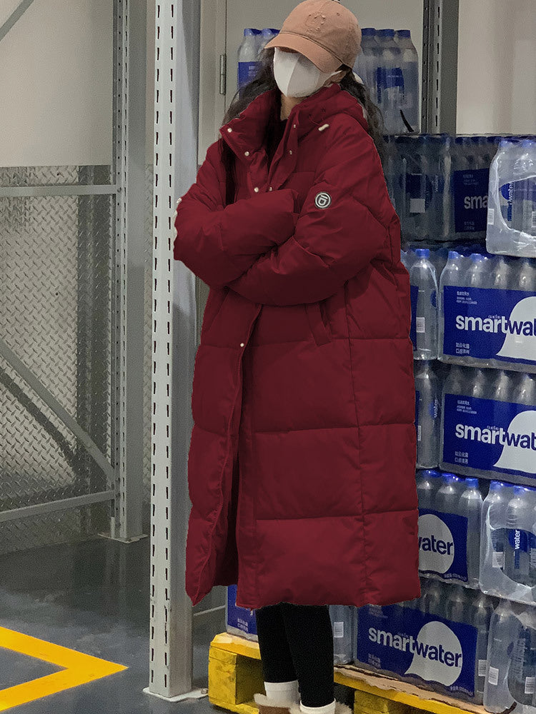 Damen Lange Steppjacke mit Kapuze und hohen Kragen R&B