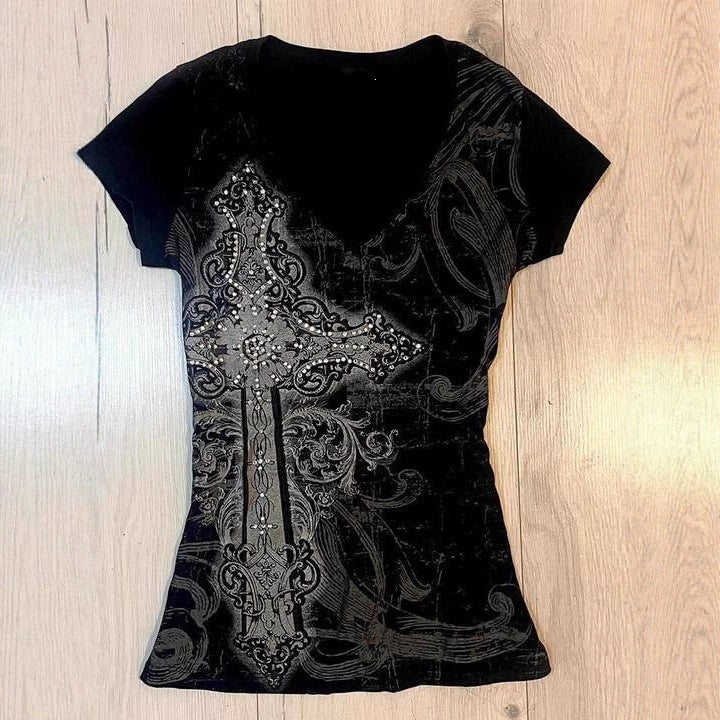 Damen T-Shirt mit aufwendigem Kreuz-Design und Strass-Akzenten R&B