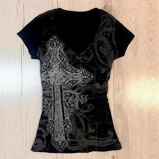Damen T-Shirt mit aufwendigem Kreuz-Design und Strass-Akzenten R&B