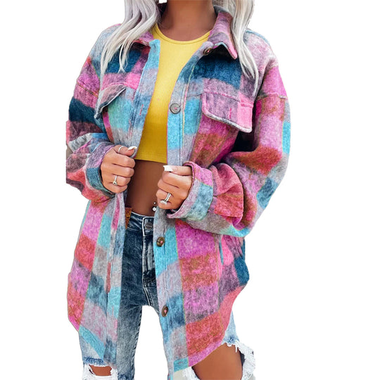 Damen Karo Oversize-Hemdjacke aus weichem Wollmaterial mit praktischen Taschen R&B