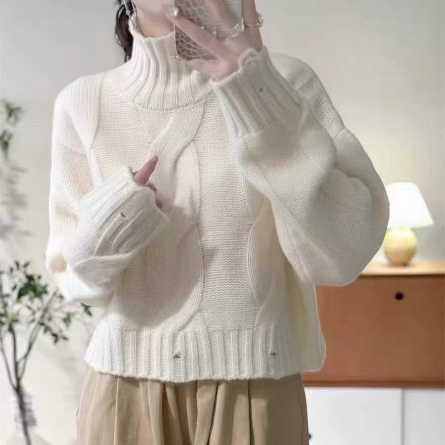Damen Strickpullover mit hohem Kragen und Zopfmuster R&B