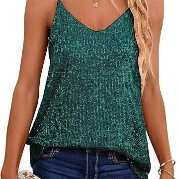 Damen Funkelndes Spaghetti-Trägertop mit V-Ausschnitt und schimmernden Details EB