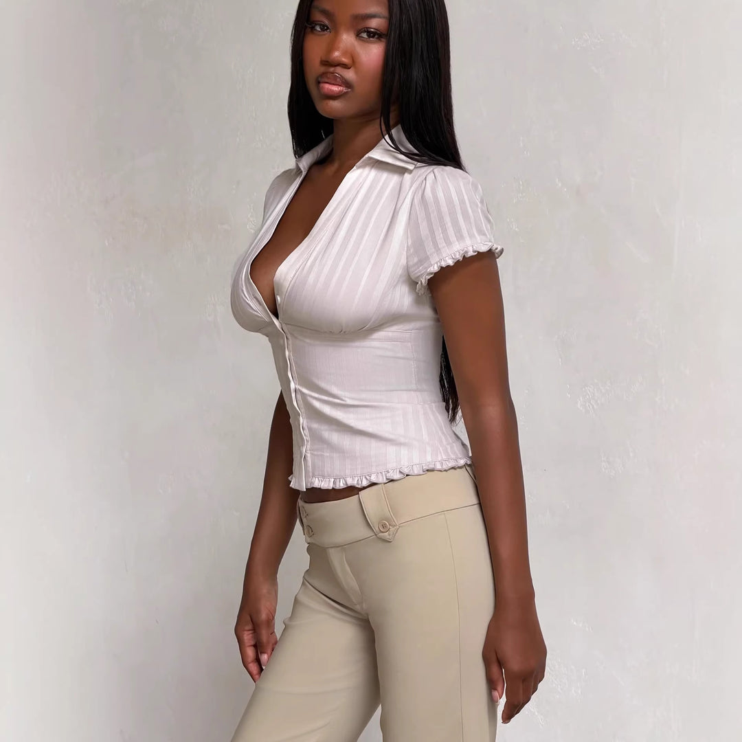 Damen Kurzarm Bluse mit Rüschendetails R&B