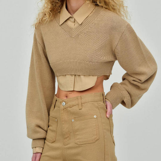 Damen Cropped Pullover mit V-Ausschnitt und langen Ärmeln R&B