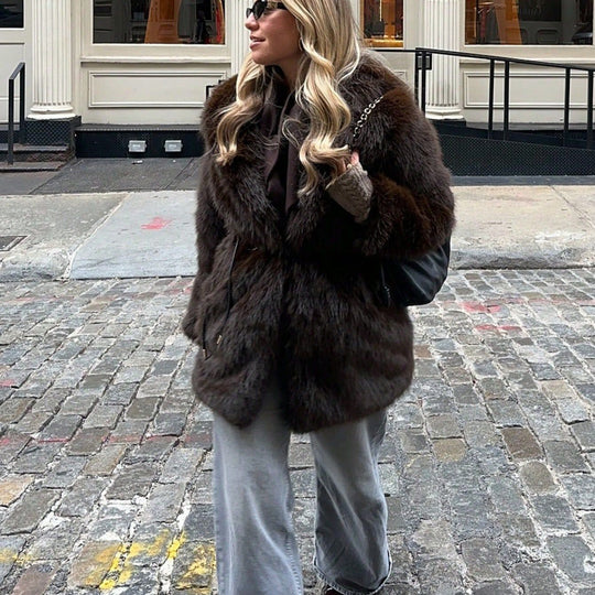 Damen glamouröser Kunstfellmantel mit breitem Revers und Taillengürtel R&B