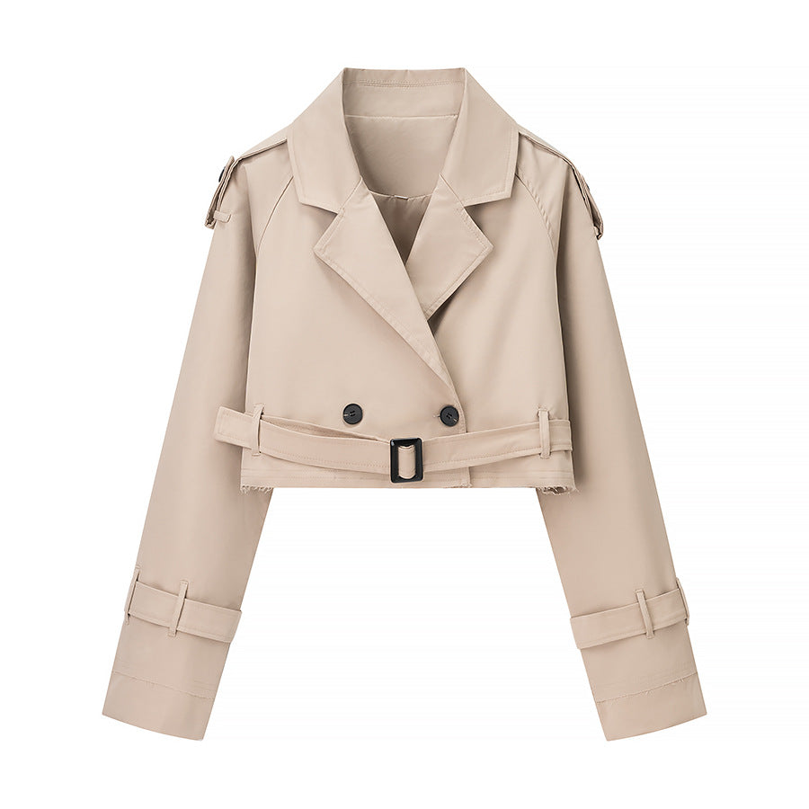 Damen Trendige cropped Trenchjacke mit doppeltem Knopfverschluss R&B
