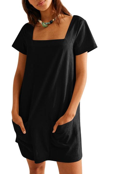 Damen lockeres Sommerkleid mit quadratischem Ausschnitt und praktischen Taschen R&B
