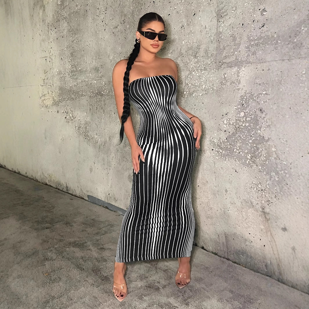 Damen Maxikleid mit raffiniertem Streifenmuster R&B