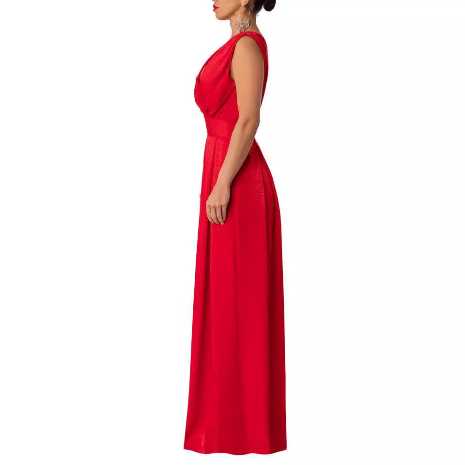 Damen Jumpsuit mit tiefem V-Ausschnitt und weit geschnittenem Bein R&B