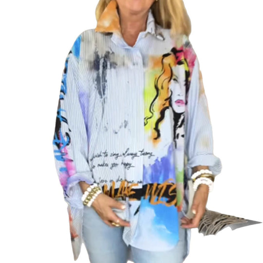 Damen nan kunstvoll bedruckte weit geschnittene Hemdbluse mit Popartmotiv und Nadelstreifen R&B