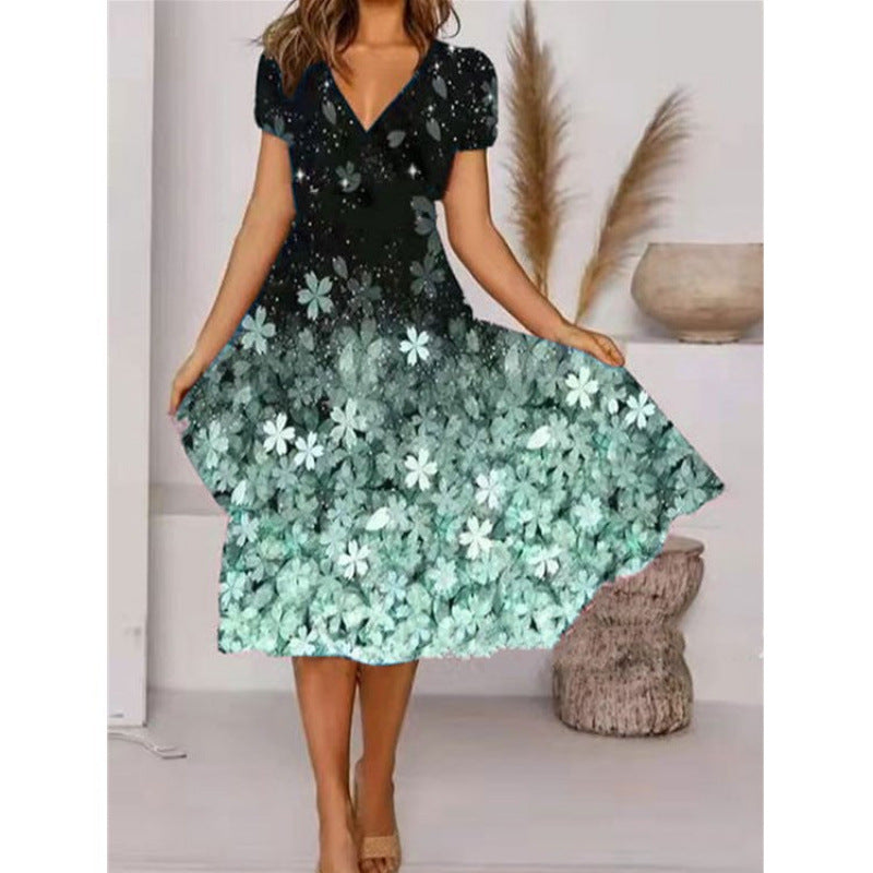 Damen A-Linie Sommerkleid mit V-Ausschnitt und floralen Akzenten R&B