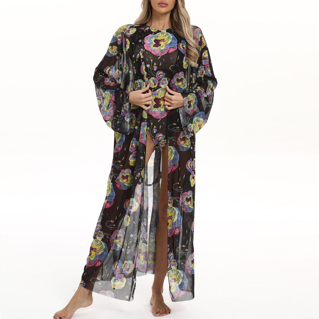 Damen Transparenter Strandkimono mit floralen Mustern R&B