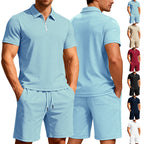 Herren nan komfortables Lounge-Zweiteiler aus strukturierter Baumwollmischung mit Halbzip-Poloshirt und Kordel-Shorts R&B