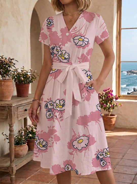 Damen Sommerliches Kleid mit taillierbarem Bindegürtel und floralem Muster R&B