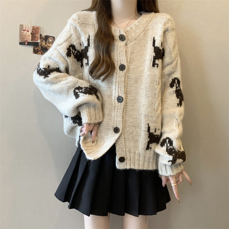 Damen Gemusterter Strickcardigan mit tierischem Motiv und bequemen Oversized-Schnitten R&B