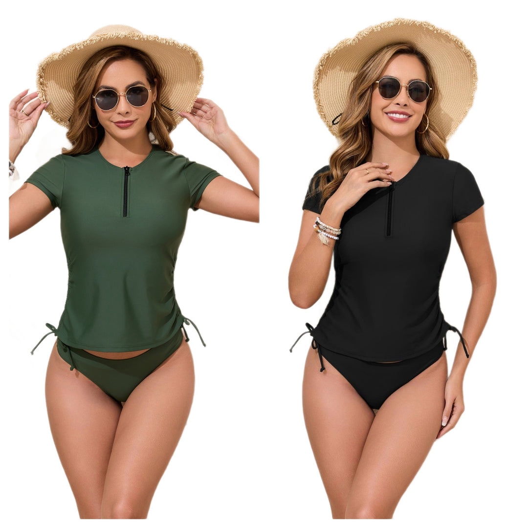 Damen Sportliches Rashguard-Bikini-Set mit verstellbaren Seiten R&B