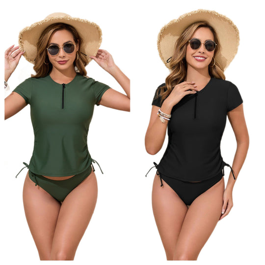 Damen Sportliches Rashguard-Bikini-Set mit verstellbaren Seiten R&B