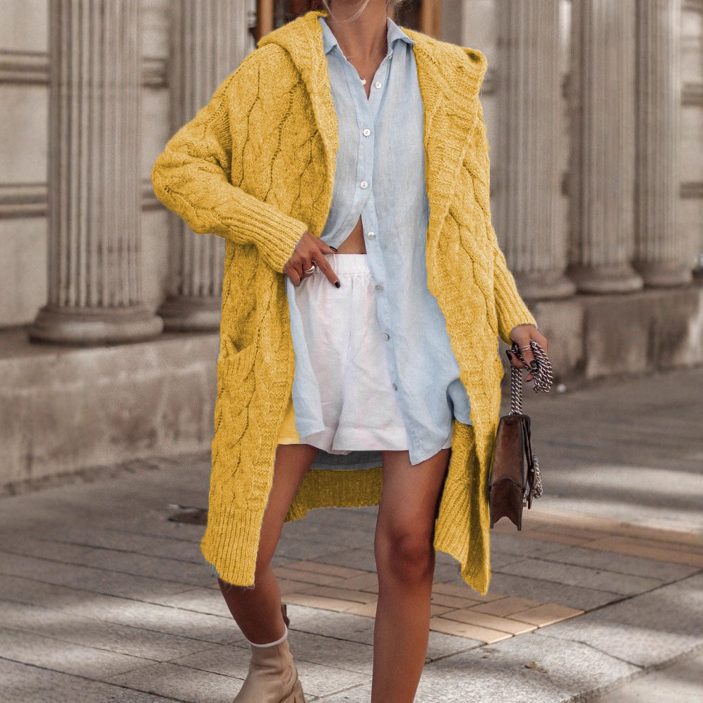Damen Grobstrick-Cardigan mit offenem Schnitt und Kapuze R&B