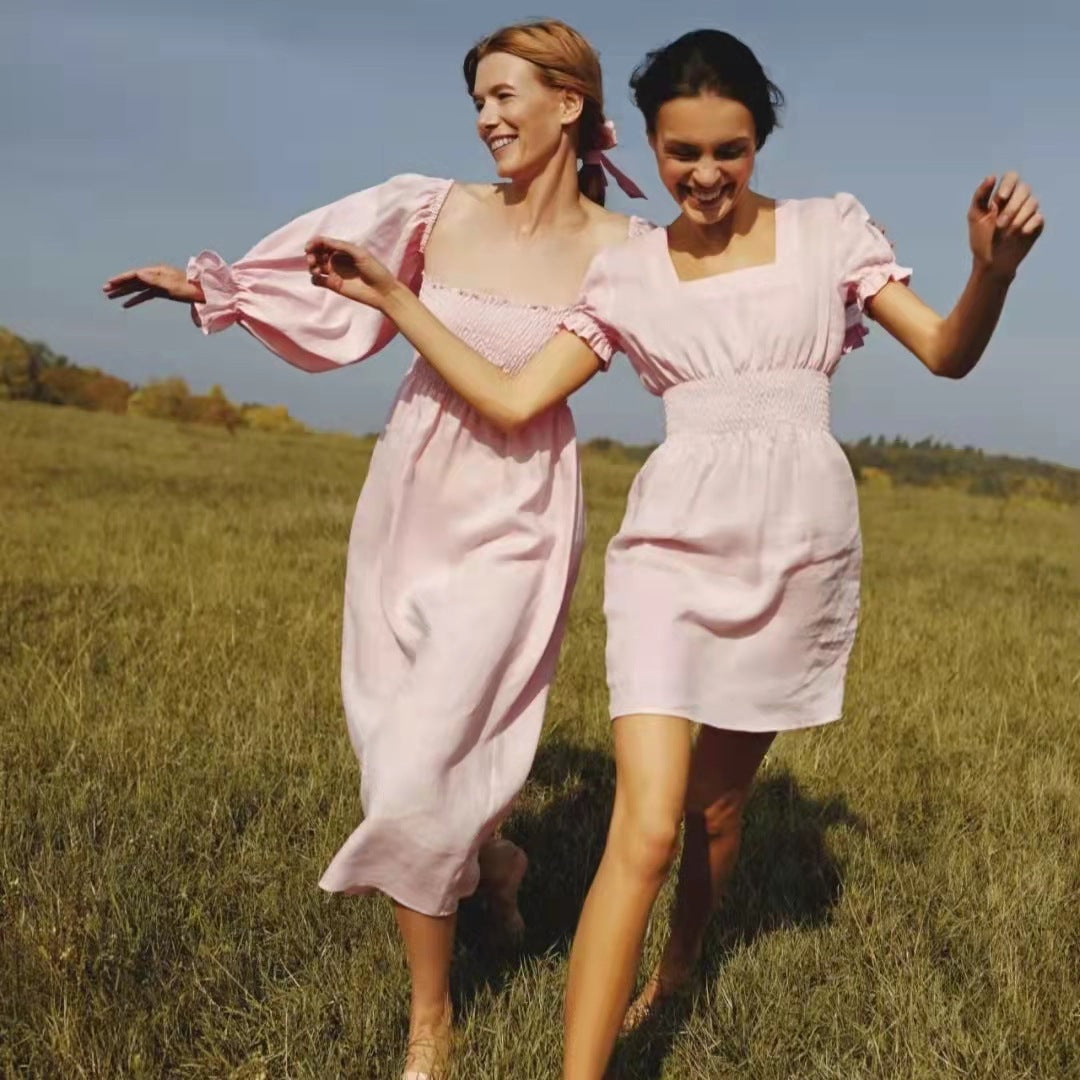 Damen Maxikleid mit Puffärmeln und elastischem Taillenbund R&B