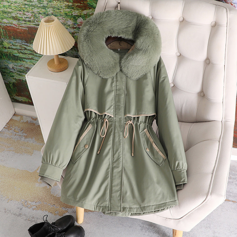 Damen modische Übergangsjacke mit abnehmbarem Kunstfellkragen und Taillenzug R&B