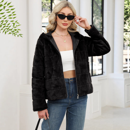 Damen Kuschelige Oversized-Fleecejacke mit Reißverschluss und Kapuze R&B