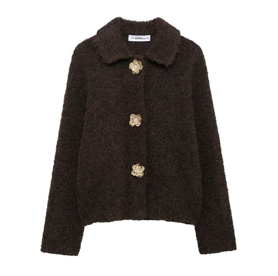 Damen Kuschelige Fluffy-Jacke mit dekorativen Knöpfen R&B