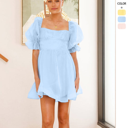 Damen Minikleid mit voluminösen Puffärmeln und herzförmigem Ausschnitt R&B