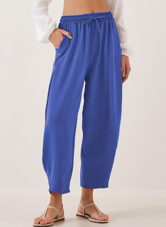 Damen bequeme Freizeithose aus leichtem Stoff mit elastischem Bund und Seitentaschen R&B