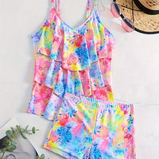 Damen Freizeit-Badeoberteil mit leichtem Rüschendesign und Shorts R&B