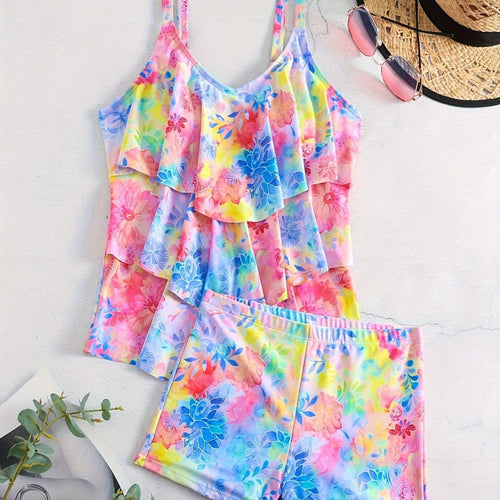 Damen Freizeit-Badeoberteil mit leichtem Rüschendesign und Shorts R&B