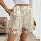 Damen Elegante Satin-Shorts mit Spitzenstickerei und elastischem Bund R&B