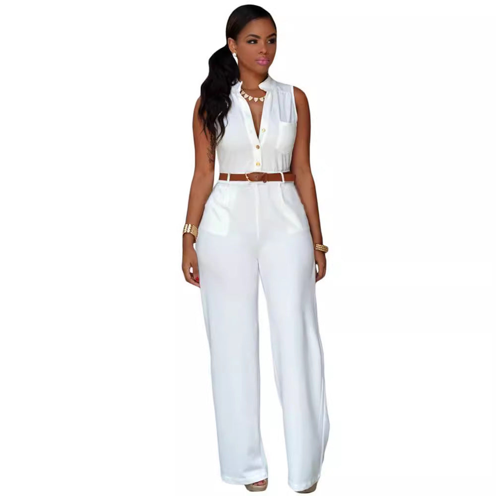 Damen Eleganter Jumpsuit mit Gürtel und Knopfdetail R&B