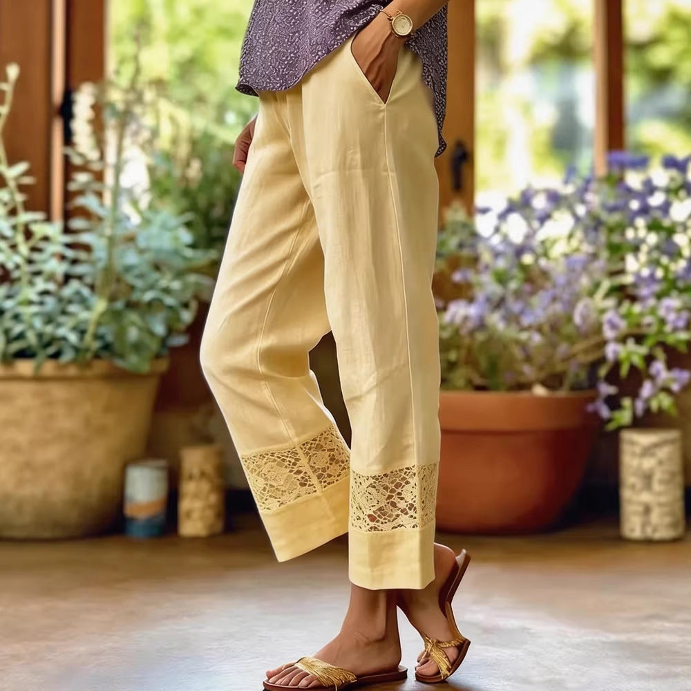 Damen Leichte Leinenhose mit Spitzenakzenten R&B